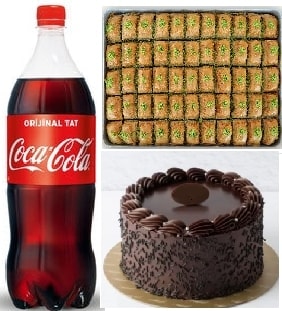 Şölen Menüsü Çikolatalı Pasta Fıstıklı Baklava ve Soğuk Cola Seti pasta